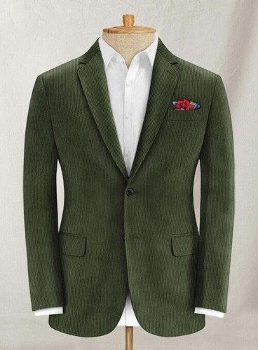 Traje de pana verde de 2 piezas para hombre a rayas muesca solapa informal graduación fiesta traje de esmoquin - Imagen 12 de 13