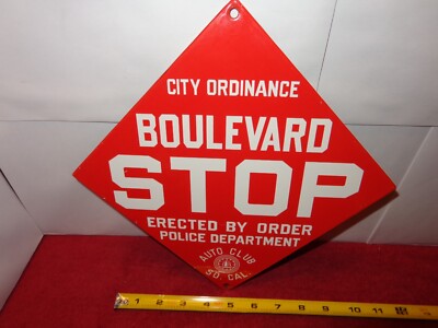 VINTAGE 11 1/2 x 11 1/2 in STOP AUTO CLUB SO. CAL. SIGN METAL