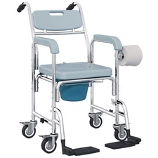 Shower Chair with Wheels, Bedside Commode Wheelchair for Seniors, Gray