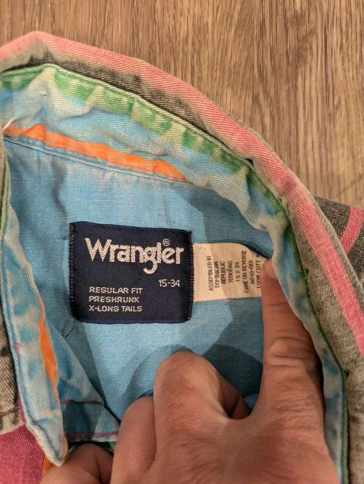 Vintage WRANGLER Brushpopper Button Up Shirt Size 15-34 Striped Western  - Image 3 of 4