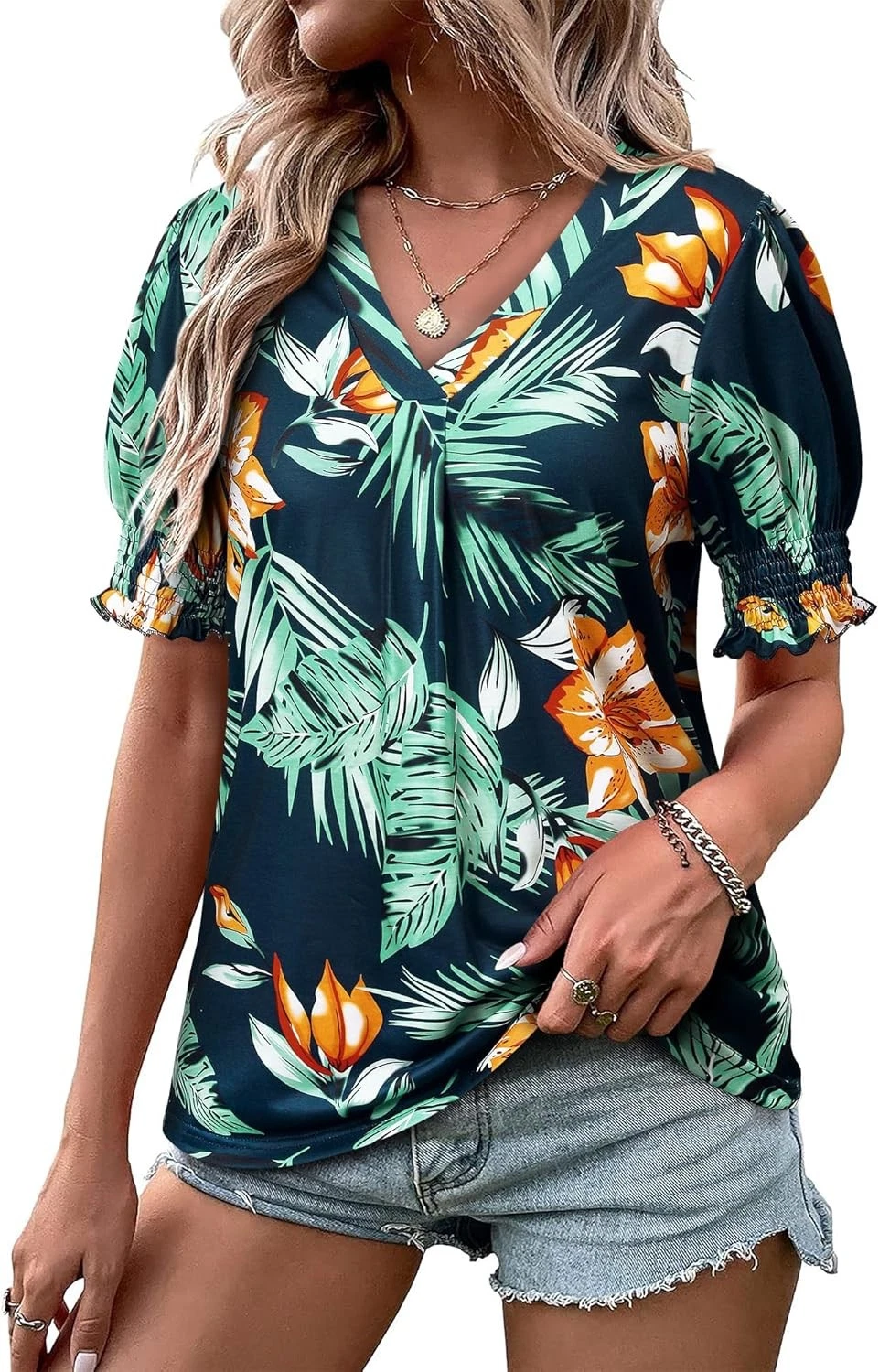 ZXZY Women Ruffle Short Sleeve Soft Floral Pleated Neck Print Hawaiian Shirts