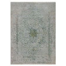 8'9"x12'1" Green Broken and Erased Design Hand Knotted Wool and Silk Rug 92892