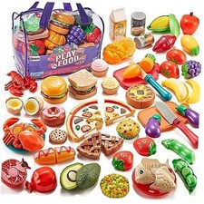 Pretend Play Food for Kids Kitchen - 78Pc Cutting Toy with Storage Bag, Toys