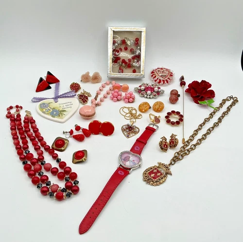 Lot of 25 Pieces of Vintage Red & Pink Costume Jewelry & Marilyn Monroe Watch