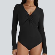 Halara Black Ribbed Twist Knot V Neck Long Sleeve Bodysuit Size Medium
