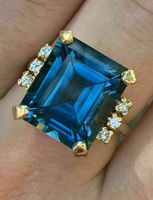 2 Kt Smaragdschliff London Blautopas & Diamant Ring Nachlass 14k Gelbgold Finish