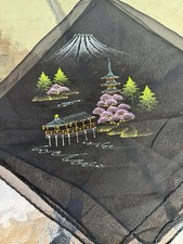 Vintage Japanese Black Sheer Silk Hand Painted Scarf Mount Fuji Cherry Blossoms