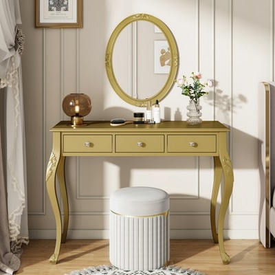 Luxury Makeup Vanity Desk with Oval Mirror, 3-Drawer Dressing Table for Jewelr