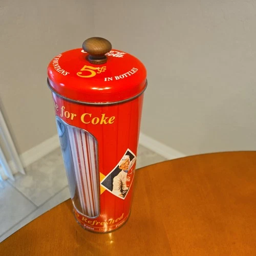 Vintage Coca-Cola Metal Tin Straw Holder with ORIGINAL STRAWS Sealed