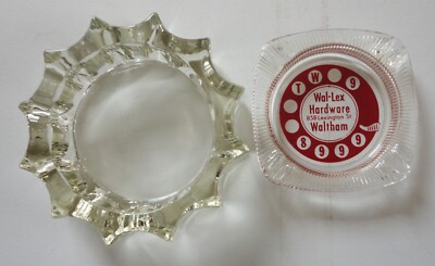 2 Vtg Glass Ashtray Wal-Lex Hardware MA Red Telephone Dial & 5'' Round 12 Point