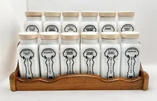 Vintage 1950's Griffith's Milk Glass Spice Rack with 12 jars and wood rack