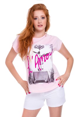 Damen Kurzarm Tee Neu T-Shirt Amour Rundhals Oberteil Loose Fit Bluse FB321