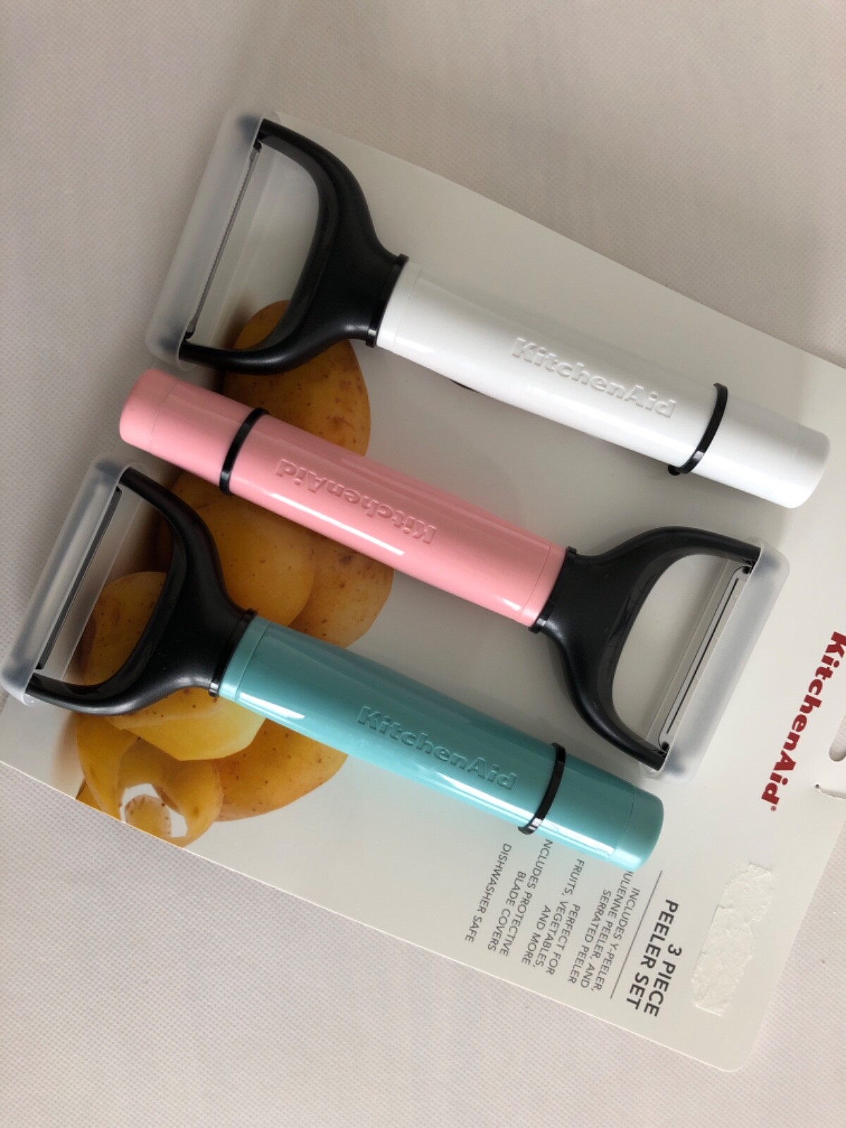 New KitchenAid Set of 3 Vegetable Potato Peelers Pink White Aqua Sky