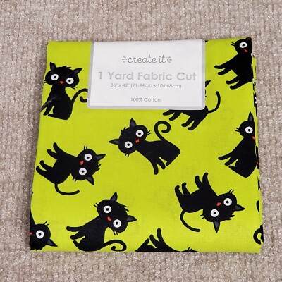 One Yard Create It Lime Green with Black Cats Fabric 100% Cotton New 36x42