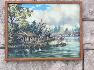 Early 20th Century Chinese Oil on Board Painting River Fishing Scene Wei Jiang
