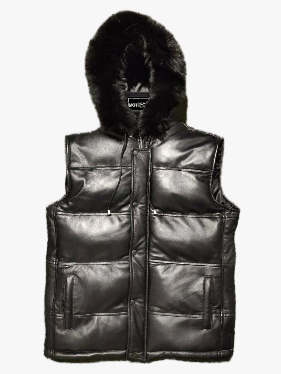 NEW MEN'S REAL LAMBSKIN LEATHER BUBBLE PUFFER VEST BLACK FOX FUR HOOD REMOVABLE