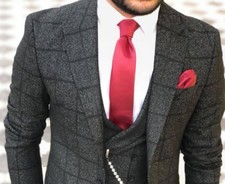 DESIGNER BUSINESS GREY BLACK CHECK MEN'S SUIT SPORT COAT PANTS WAISTCOAT FITTED 48