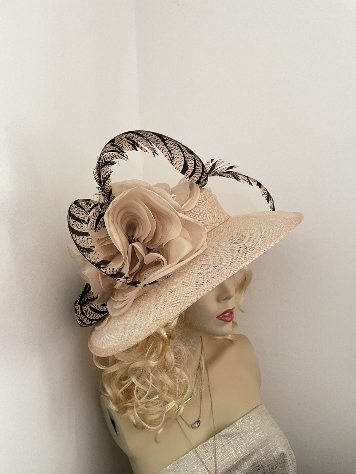 Nude Beige Cream Black Feather Wedding Hat Mother of Bride Church