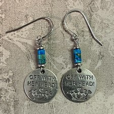 Alice in Wonderland Queen of Hearts Dangle Earrings. Silver Tone. Blue. S270