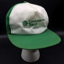Vtg Commerce Bank Mesh Trucker Cap Snapback Hat Green & White Made In USA