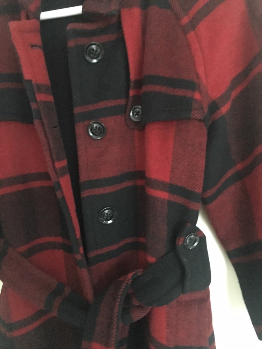 GAP buffalo check/plaid waist-tie wool blend 3/4-slv COAT/JACKET S