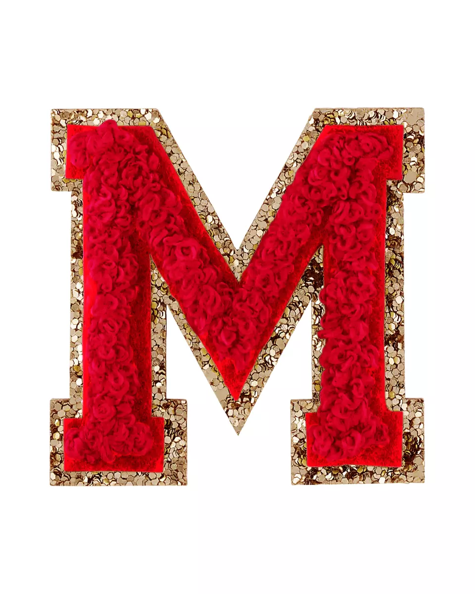 Red Chenille Iron On Gold Glitter Letter Patches