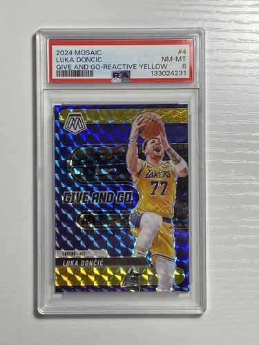 2024-25 Panini Mosaic Luka Doncic Give and Go Mosaic Reactive Yellow 35/99 PSA 8
