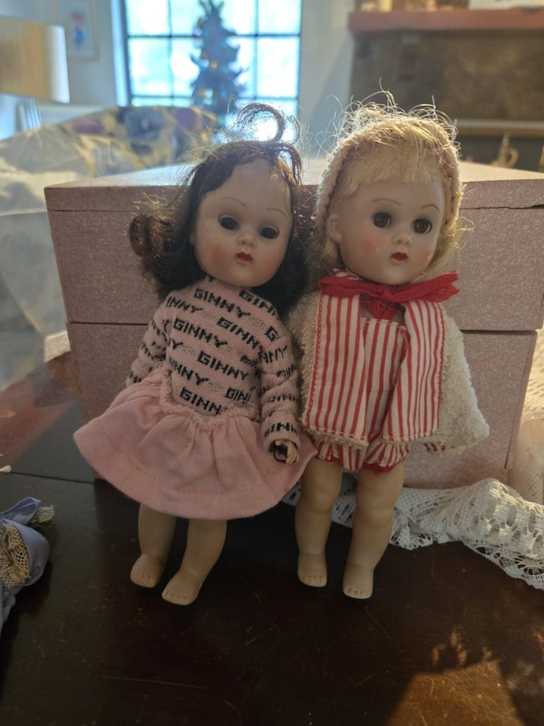 2 Vintage Vogue Ginny Dolls W. Wooden Wardrobe Original Clothes Shoes Hats Purse