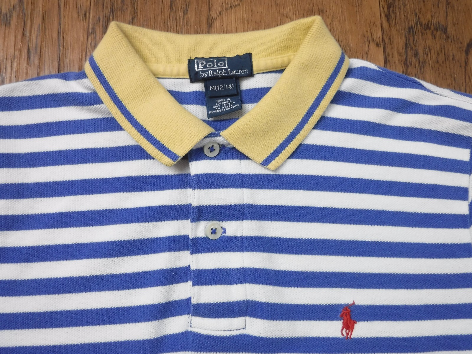 Polo Ralph Lauren Red Pony on blu bianco a righe giallo camicia con colletto ~Gioventù M~