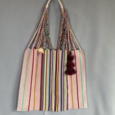 Boho ColorfulStriped Tote Bag W/Braided Handles Tassels Woven Summer Beach NWT