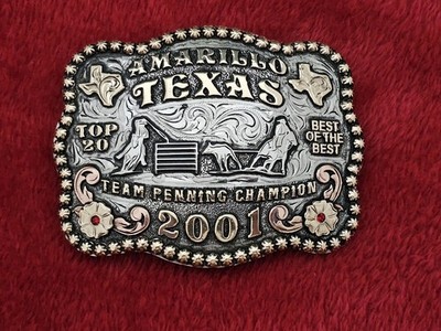 X~Treme Texas 2001 Team Penning RODEO CHAMPION TROPHY BUCKLE Amarillo Rare 836