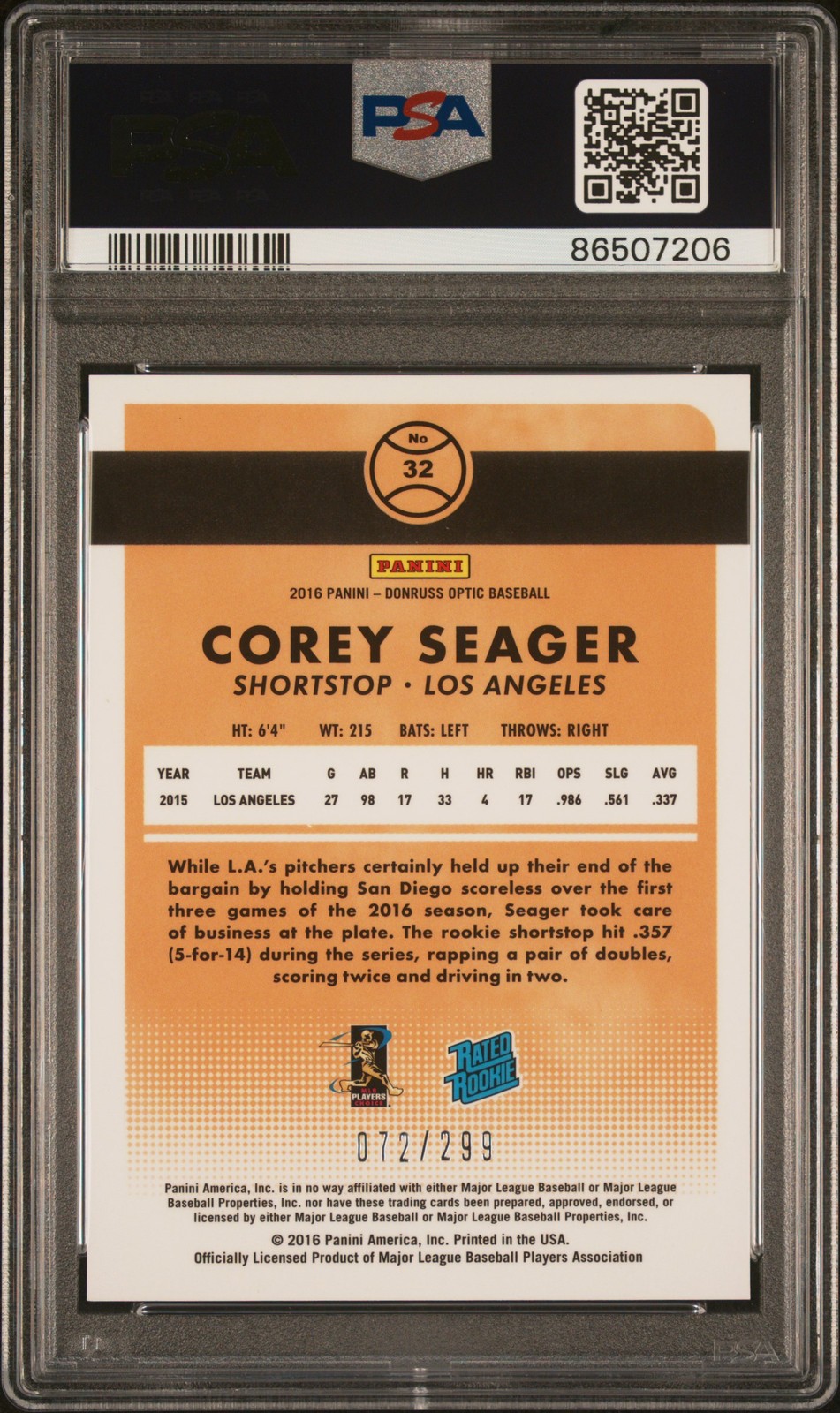 2016 PANINI DONRUSS OPTIC AQUA #32 COREY SEAGER ROOKIE RC 72/299 PSA 10 view 2