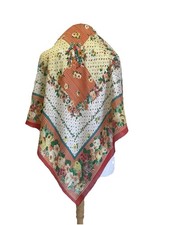 Vintage Floral Patchwork Scarf Red Green Cream Cottagecore Lightweight  A4