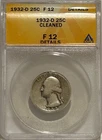 1932 D  Washington Silver Quarter ANACS F Details Key Date Washington