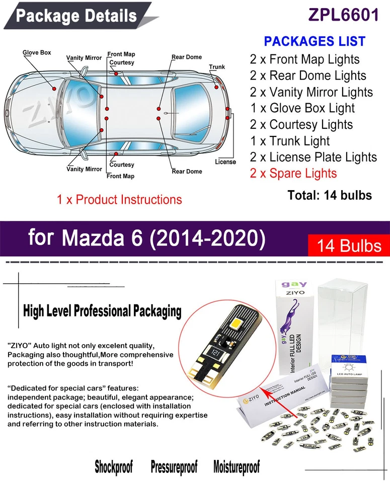 LED Interior Light Kit for Mazda6 2014-2021 Mazda 6 White Light Bulbs Upgrade - Image 2 of 4