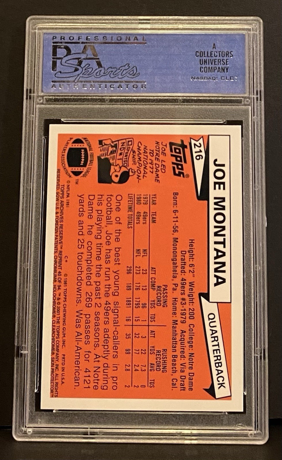 2001 Topps Archives Reserve  Joe Montana #40 PSA 9 view 3