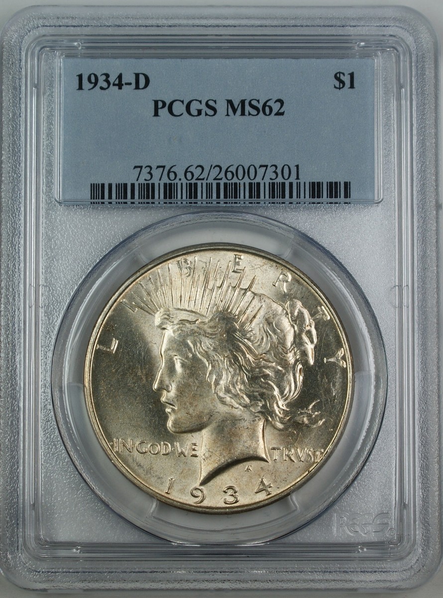 1934 D ピースダラーPCGS AU 1934-D Peace Silver Dollar Coin, PCGS MS-62, Better Coin, JT | eBay
