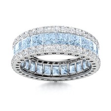 3MM Square Natural Aquamarine 925 Sterling Silver Three Row Eternity Women Ring
