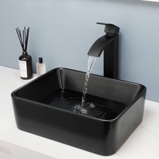 Bathroom Waterfall Sink Black Ceramic Square Basin Faucet Mixer Deck Mounted Tap
