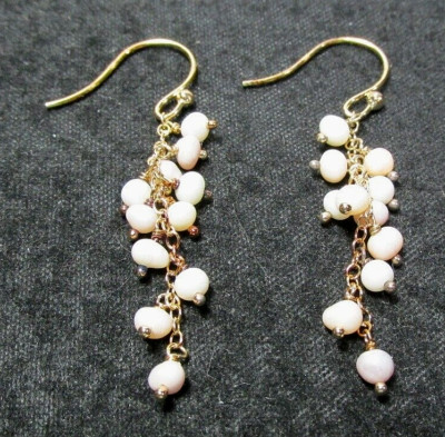 Women's Gold Tone White Beaded Dangling Pierced Earrings - (#1773)