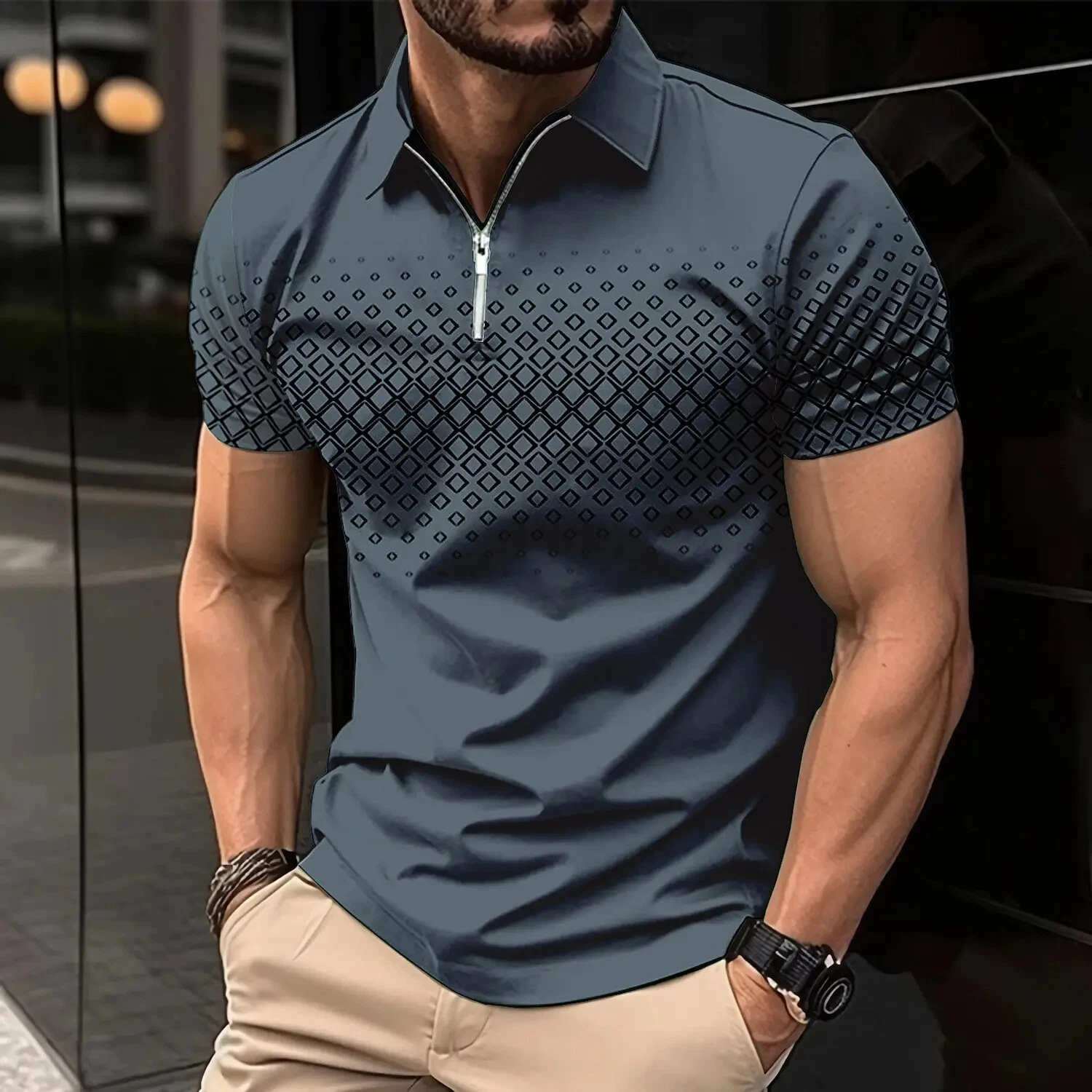 Men's Colorblock Short Sleeve Zip Polo Shirt Slim Fit Casual Golf Top