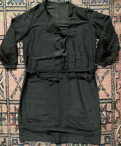 VTG 30s Black Silk Party Cocktail Small Collar Oversized Pleated Belted Dress M - Picture 10 of 11