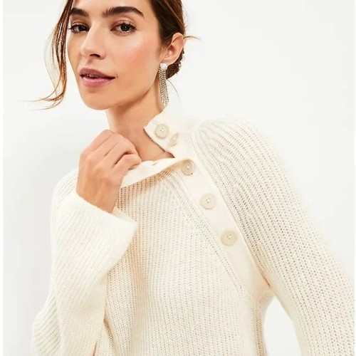 Ann Taylor LOFT Ribbed Button Neck Flare Sleeve Sweater S - Picture 2 of 3