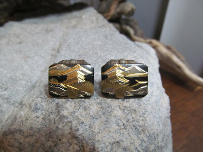 Vintage E.P. Sterling Silver 950 Etched Asian Motif Rectangle Cuff Links 8.2g