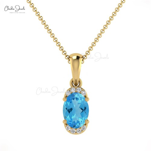 1 Ct Oval Cut Swiss Blue Topaz 14k Real Gold Diamond Half Halo Pendant For Women