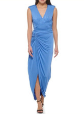 Vince Camuto Ruched Faux Wrap Blue Dress Gown Stretch Women Size 6 MSRP $178
