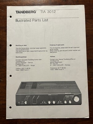 Tandberg TIA 3012 Integrated Amplifier Illustrated Parts List Original Genuine
