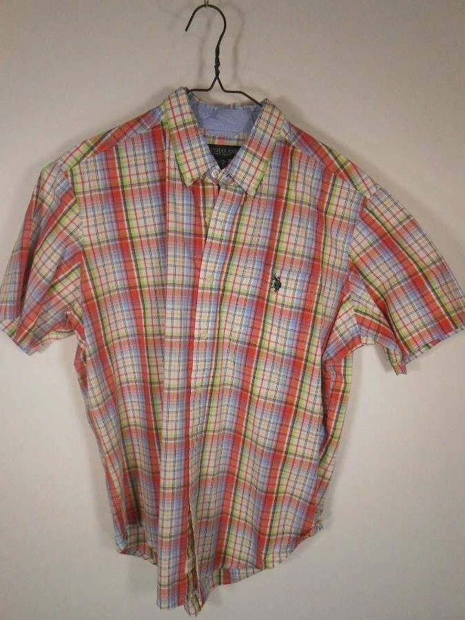 Beautiful Men's Large U.S. Polo Assn. Pink Plaid Short Sleeve Button-Down Shirt