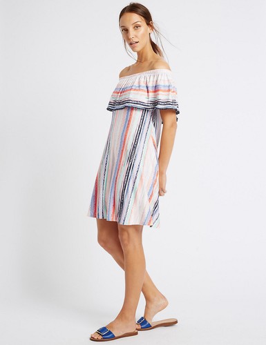 Striped Short Sleeve Bardot Swing Dress 