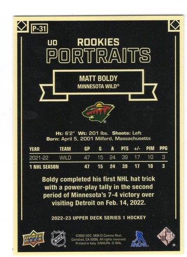 2022-23 UD Portraits Rookies Matt Boldy P-31 Minnesota Wild - Picture 2 of 2